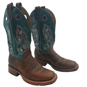 Double H Western Cowboy Boots Women's 7 Brown Teal Leather USA Made Square Toe